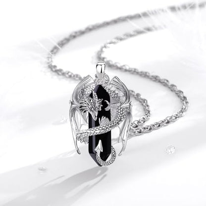 INFUSEU Unique Dragon Necklaces with Healing Crystal Stone for Men Women, Personalized Spiritual Gifts, 24 Inch Chain - color: Black Obsidian