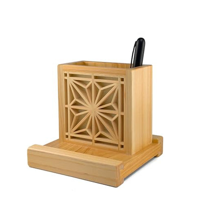 Handmade Hinoki Wood Desk Decor, Japanese Zen Wooden Pen Holder, Handcrafted Office Art, Kumiko Art (red) - color: red