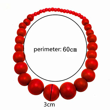 COLORFUL BLING Ethnic Natural Wood Beads Necklace for Men Women Africa Wooden Chain Chunky Strand Necklace Statement Hip Hop Jewelry - color: short red