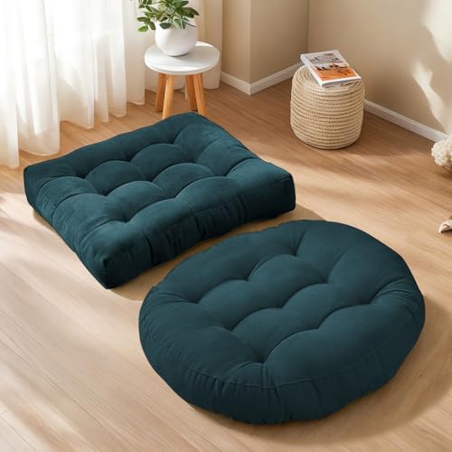 Large Round and Square Floor Pillows for Adults Floor Cushion Pillow Set of 2 Meditation Cushion Pillow Blue Tufted Corduroy Cushions for Living Room Outdoor Yoga Tatami Fireplace,20x20 Inch - color: Blue
