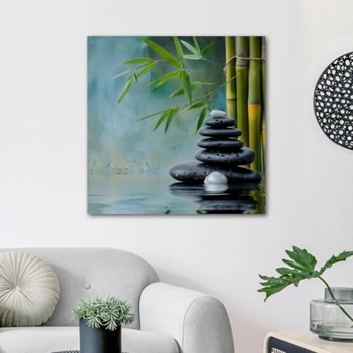 Framed Canvas Wall Art Zen Stones and Bamboo Oil Painting Artwork Picture Posters Wall Decor for Living Room Bedroom Bathroom Office Home Decoration 12x12 in