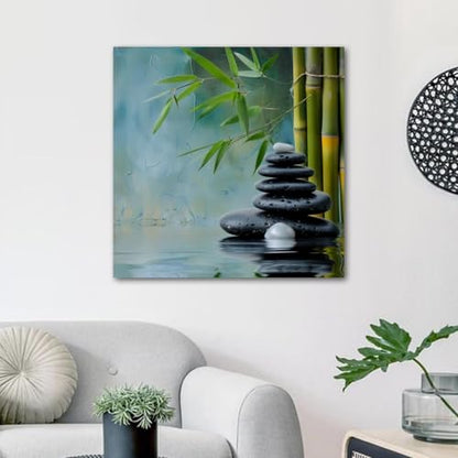 Framed Canvas Wall Art Zen Stones and Bamboo Oil Painting Artwork Picture Posters Wall Decor for Living Room Bedroom Bathroom Office Home Decoration 12x12 in