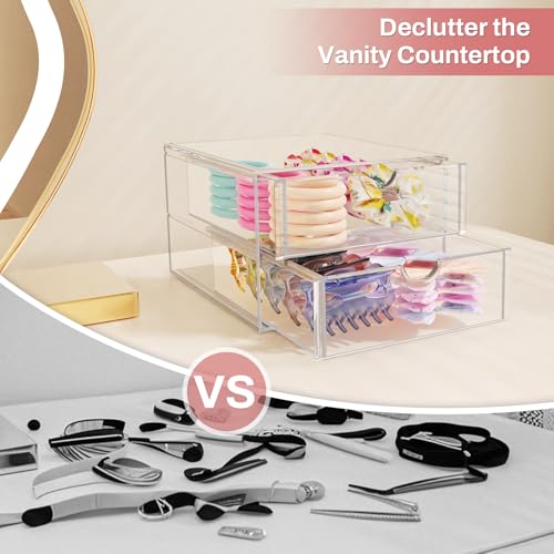 Hair Accessories Organizer for Girls, 2 Tier Acrylic Stackable Storage Drawers, Clear Vanity Hair Tie Bow Claw Clip Scrunchie Holder Organizer for Girls Stuff, Cute Desk Organizers and Accessories