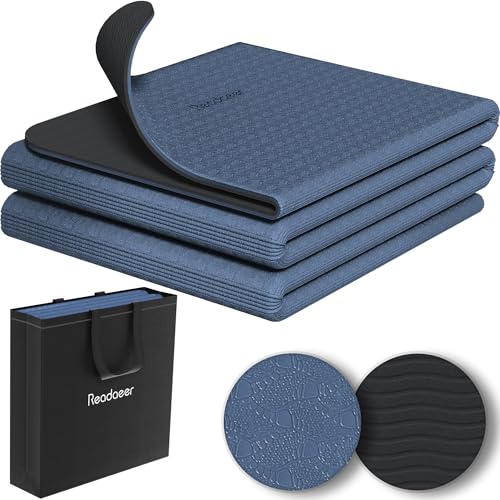 Readaeer Foldable Yoga Mat for Travel Folding Yoga Mat 6mm Thick with Carrying Bag, Non-Slip TPE Exercise Pilates Mat for 72" L x 24" W x 0.24 Inch - color: Blue