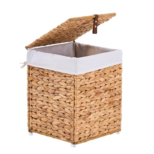 Storage Basket with Lid, Woven Wicker Shelf Basket with Removable Liner, Metal Frame Rattan Storage Trunk with Handle for Laundry, Bedroom, Living Room, Office(Espresso, 40L) - color: Espresso, size: 40L