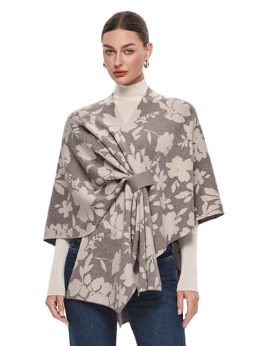 PULI Women's Elegant Shawl Wraps Soft Open Front Poncho Sweater for Spring Fall Winter - color: Floral-oatmeal and Barley Twist
