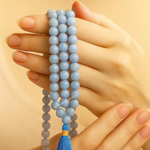 Amazing Gemstone Japa Mala 108 Prayer Beads Necklace and Wrist Mala Bracelet for Meditation - color: Angelite, size: Without Knots
