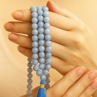Amazing Gemstone Japa Mala 108 Prayer Beads Necklace and Wrist Mala Bracelet for Meditation - color: Angelite, size: Without Knots