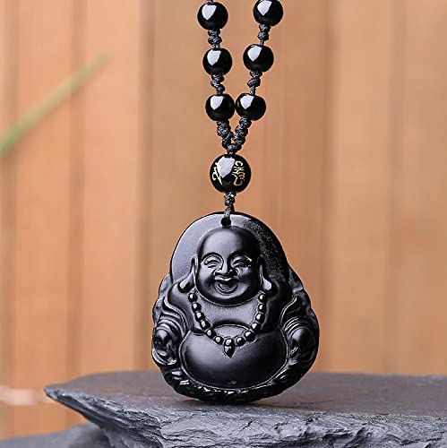 Natural black obsidian rainbow obisidan ice obsidian Maitreya launghing buddha necklace Amulet pendant bead chain - color: black obsidian money buddha