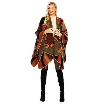Shawl Wraps for Women, Elegant Knitted Cape Open Front Poncho Scarf Blanket Cardigan Coat for Spring, Autumn, and Winter - color: Orange Black