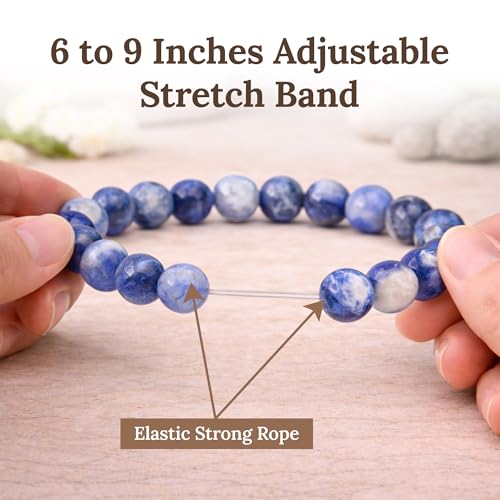 Elm City Direct 8mm Natural Stone Beaded Bracelet – Unisex Crystal Stretch Bracelets for Men & Women, Chakra & Healing Jewelry, Gift-Ready Beaded Bracelets - color: Blue Vein Stone