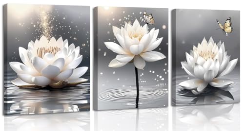 Framed Canvas Prints Art Lotus Floral Pictures Wall Art for Zen Office Decor Meditation Poster Butterfly Lotus Floral Artwork Painting for Yoga Meditation Room Bathroom Wall Decor Set of 3(8”X10”) - color: Framed-Canvas Prints Art Lotus Floral Pictures