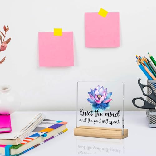 Meditation Quotes Decoration, Yoga Pilates Sayings, Lotus Flower Decor, Zen Decoration, Gifts for Inspirational Women, Acrylic Sign With Wooden Stand for Home Farmhouse Office 4 x 4 Inches