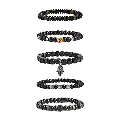 HZMAN Wrap Bracelets Men Women, Hemp Cords Wood Beads Ethnic Tribal Bracelets, Leather Wristbands - style: Hand of Fatima