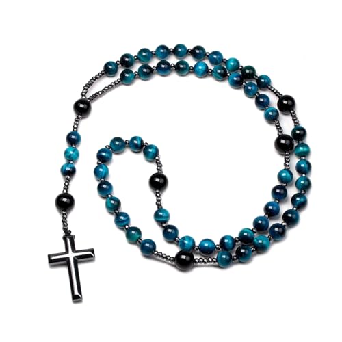 LIYAPEI Triple Protection Necklace with Tiger Eye, Obsidian, and Hematite - Stylish Men's Cross Necklace and Women's Y-Shaped Sweater Chain An Anxiety Relief Beaded Necklace. - color: Tiger Eye Blue