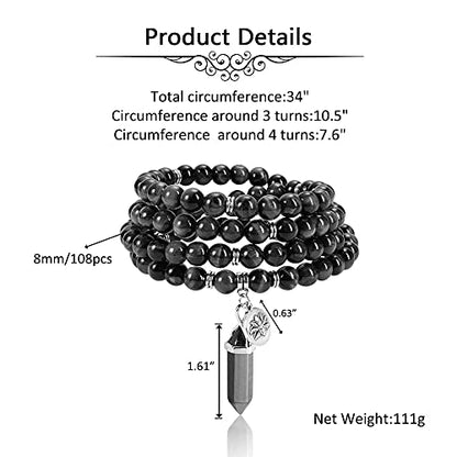 Jovivi 108 Mala Beads Bracelet 8mm Natural Amethyst Rose Quartz Healing Crystal Stone Mala Prayer Bead Necklace Hexagonal Prism Gemstone Reiki Pointed Pendant for Yoga Meditation Energy Balancing - color: Black Obsidian Crystal