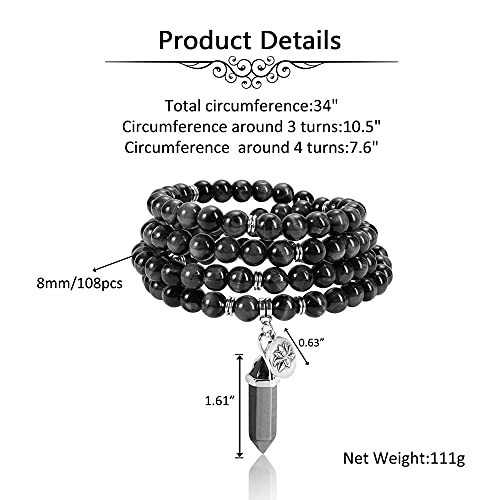 Jovivi 108 Mala Beads Bracelet 8mm Natural Amethyst Rose Quartz Healing Crystal Stone Mala Prayer Bead Necklace Hexagonal Prism Gemstone Reiki Pointed Pendant for Yoga Meditation Energy Balancing - color: Black Obsidian Crystal