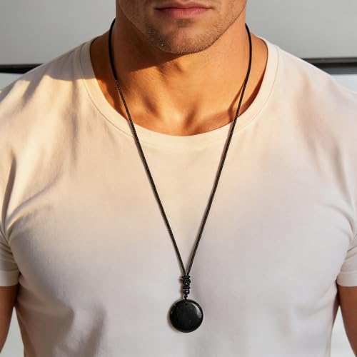 Shungite Stone Necklace for Women, Round Shungite Pendant Amulet Meditation Necklace, Black Circle Pendant Protection Crystal Healing Necklace Spiritual Gifts for Mother Mom