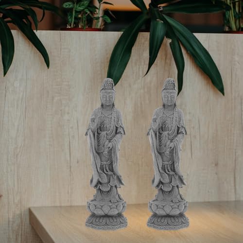 Uonlytech Avalokitesvara Buddha Statue Figurine Desktop Grey Stone Sculpture for Home Office Zen Garden Decoration Meditating Avalokitesvara Sculpture
