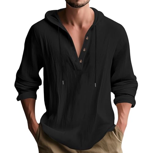 Hoodie Shirts for Men Business Pullover Drawstring Plus Size Button Down Beach Workout Casual Hippie Summer Tops - color: Black, size: XX-Large