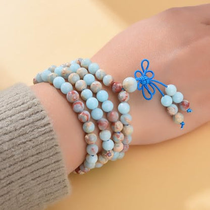 108 Mala Prayer Beads Bracelet 6mm Genuine Gemstone Healing Crystal Stone Beaded Bracelet Buddhist Tibetan Handmade Knotted Elastic Necklace for Yoga Meditation Unisex Women Men - color: Blue Imperial Jasper