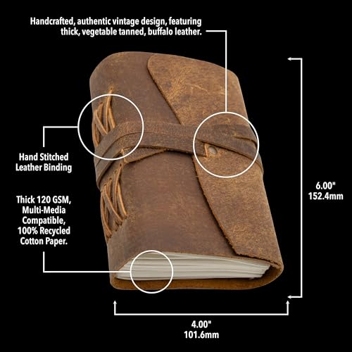 WANDERINGS Vintage Leather Journal - 4" x 6" - Small Antique Hand-Crafted Rustic Leather with Bound Lined Paper - Writing Notebook Perfect for Travelers, Writing Shadows Journal a Grimoire Sketching