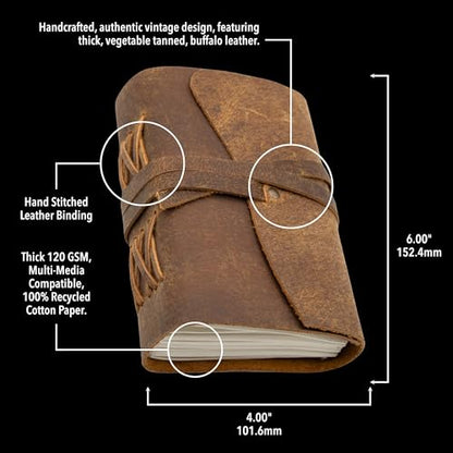 WANDERINGS Vintage Leather Journal - 4" x 6" - Small Antique Hand-Crafted Rustic Leather with Bound Lined Paper - Writing Notebook Perfect for Travelers, Writing Shadows Journal a Grimoire Sketching