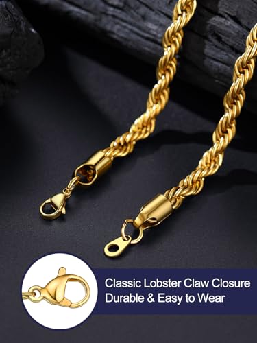 Bandmax Solid 1.5mm/2mm/3mm/6mm Rope Chains for Men Women 14K Gold Plated/Black Plated Stainless Steel Twist Chain 16-30 Inches, with Gift Box - color: 11 6MM Gold Plated