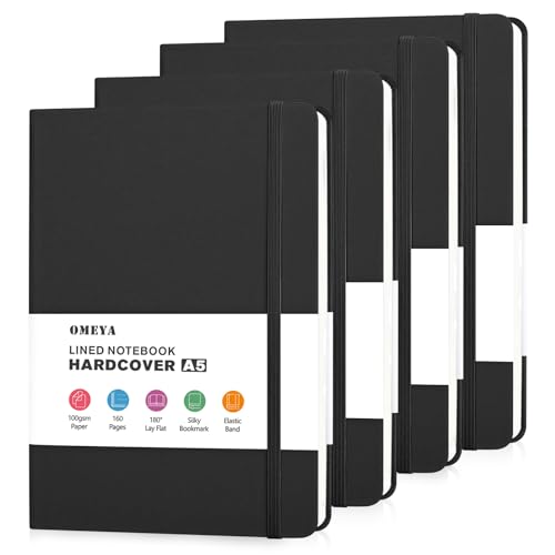 OMEYA 4 Pack Lined Journal Notebooks for Work, 100gsm Thick Paper, 5.7"x 8.3", College Ruled A5 Black Notebook Bulk, Leather Journal for Writing, Hardcover Notebooks for School, Office, Journal for Men - color: 4 Pack Black