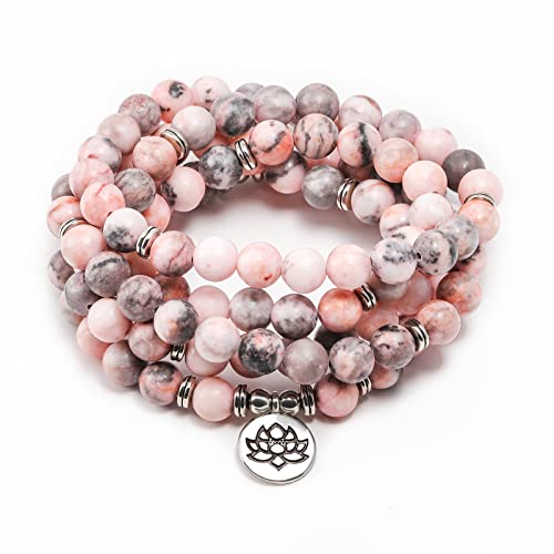 8mm 108 Mala Beads Wrap Bracelet Necklace for Yoga Charm Bracelet Natural Gemstone Jewelry for Women Men - color: Pink Zebra stone