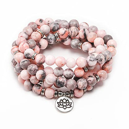 8mm 108 Mala Beads Wrap Bracelet Necklace for Yoga Charm Bracelet Natural Gemstone Jewelry for Women Men - color: Pink Zebra stone