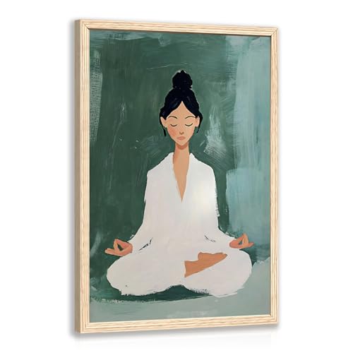 GELDSTEI Wood Framed Zen Wall Art, Tranquil Meditation Wall Decor, Yoga Girl Canvas Painting, Spiritual Aesthetic Picture, Calming Mindfulness Poster Print for Living Room Spa Yoga Studio 16x24 Inch - color: Green(Wood), size: 24"L x 16"W