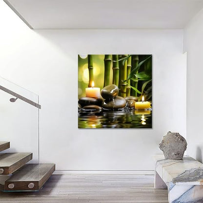 MODOJOART Zen Canvas Wall Art, Stones Candles Bamboos Painting Print Modern Relaxing Meditation Picture Poster for Living Room Bedroom Decor(Artwork-02, 12"x12")