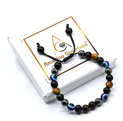 Amazing Gemstone Evil Eye Bracelets for Men Women - Ultimate Protection - Black Obsidian, Tigers Eye and Hematite - Healing Bracelets Gifts for Mom Mothers Day Pulseras Para Hombres Mujer - color: Ultimate Protection
