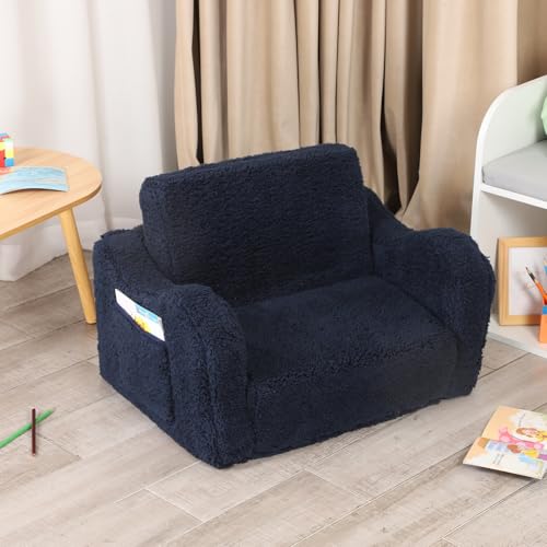MOMCAYWEX Kids Sofa, 2-in-1 Flip-Out Foam Couch with Soft Sherpa Cover, Cozy Play Lounge Chair, Dark Blue - color: Dark Blue, size: Medium