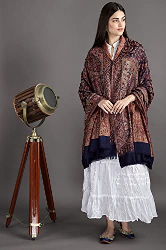 Exotic India Reversible Jamawar Shawl with Woven Paisleys - Wool - color: Medieval Blue
