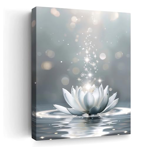 Lotus Flower Bloom in Water Canvas Wall Art Zen Spiritual White Floral Print Painting Pictures Framed Artwork Inspired Wall Art Decor for Zen Meditation Yoga Home Spa Zen Bedroom Bathroom Living Room - color: Lotus Flower Zen Spiritual Yoga Spa, size: 16"