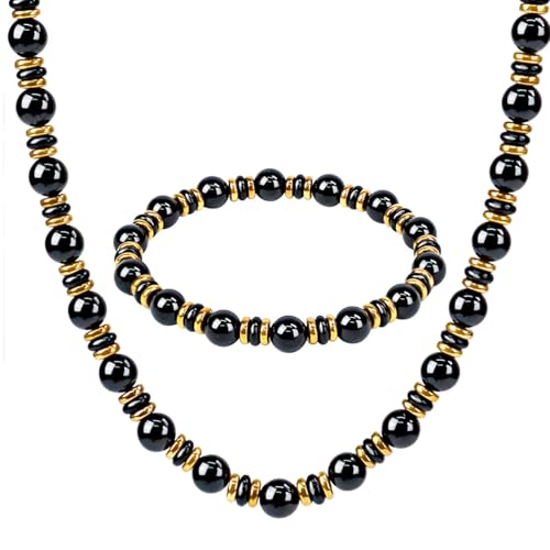 Gemstone Beaded Necklace for Women, Trendy 18K Gold Plated Hematite Natural Stone Bead Choker, Boho Handmade Summer Beach Necklaces for Women Everyday Western Jewelry Gifts - color: 02-black