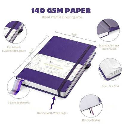 Dotted Journal – 140gsm Bleed Proof Thick White Paper – 200 Numbered Dot Grid Pages – 5.8 x 8.3 inch Bullet Dotted Notebook - color: purple