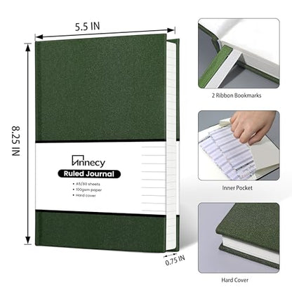 Annecy Lined Journal Notebook, Hardcover Leather Journal for Women & Men, 160 Numbered Pages, Medium 5.5" x 8.25", 100 GSM Thick Paper, Deep Green - color: Green, style: Lined