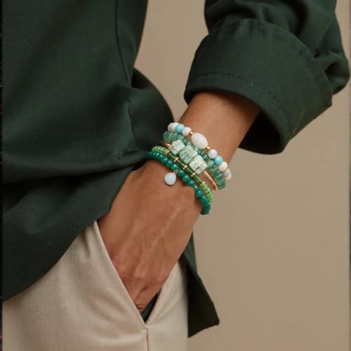 5PCS Natural Boho Beaded Bracelets Bangle for Women Men,Healing Turquoise Jasper Agate Crystal Gemstone Stone Chakra Multilayer Wrap Bohemian Handmade Jewelry Beads Stretch Bracelet Set - color: Green