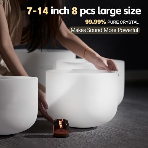CVNC 432HZ 7-14 Inch Set Of 8 PCS Frosted Chakra Quartz Crystal Singing Bowls for Sound Healing with 2 PCS Travel Carry Case Bag
