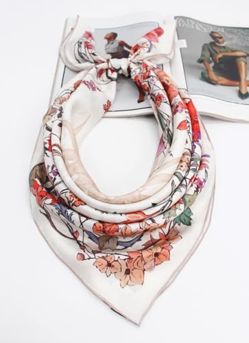 100% Pure Mulberry Silk Scarf 35" Large Square Lightweight Headscarf –Women’s Hair Wraps-With Gift Packed - color: Floral-white-twill