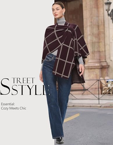 PULI Womens Elegant Cross Front Shawl Wraps Knitted Ponchos Cape Light Weight Poncho Sweater Soft Warm Travel Wraps - color: Classic Check-burgundy and Oatmeal