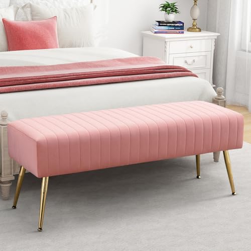Furnimart 44 Inch Pink Velvet Ottoman Bench, Modern Upholstered Bedroom Benches Footrest Stool Indoor Bench for Entryway Living Room Bedroom Dining Room (Velvet-Pink) - color: Velvet-pink