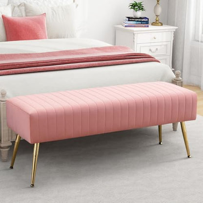 Furnimart 44 Inch Pink Velvet Ottoman Bench, Modern Upholstered Bedroom Benches Footrest Stool Indoor Bench for Entryway Living Room Bedroom Dining Room (Velvet-Pink) - color: Velvet-pink