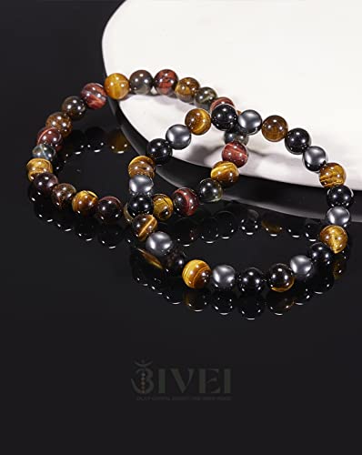 Bivei Natural Gemstone Semi Precious Healing Crystals Handmade Stretchy Round Beads Bracelet,Stocking Stuffers for Women Enhance Positive Energy - color: 8mm Triple Protection Set, size: Large: 8-8.26 inch