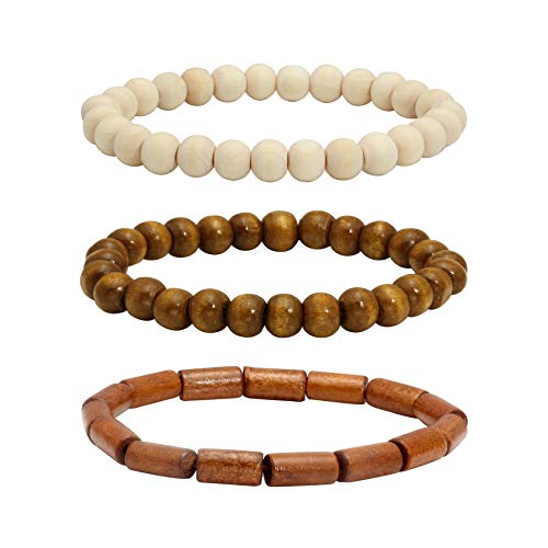 3 Pcs Wooden Beads Bracelet for Men Women Elastic Bracelet Adjustable 6.5-7.5"