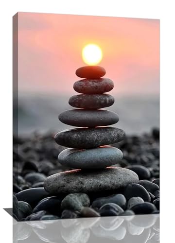 Zen Wall Art Stone Sunrise Pictures Wall Decor Zen Bathroom Decor Canvas Print Framed Artwork Paintings Calming Home Decorations For Spiritual Room Office Living Room Bedroom 16"x24" - color: Sunrise, size: 16L" x 24W"