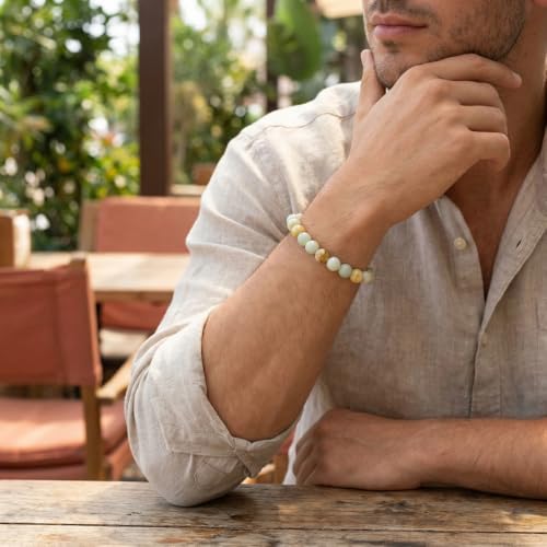 Natural Stone Beaded Bracelets for Women Men - 8MM Semi-Precious Stones Bracelets Adjustable Crystal Beads Stretch Bracelet - color: Amazonite